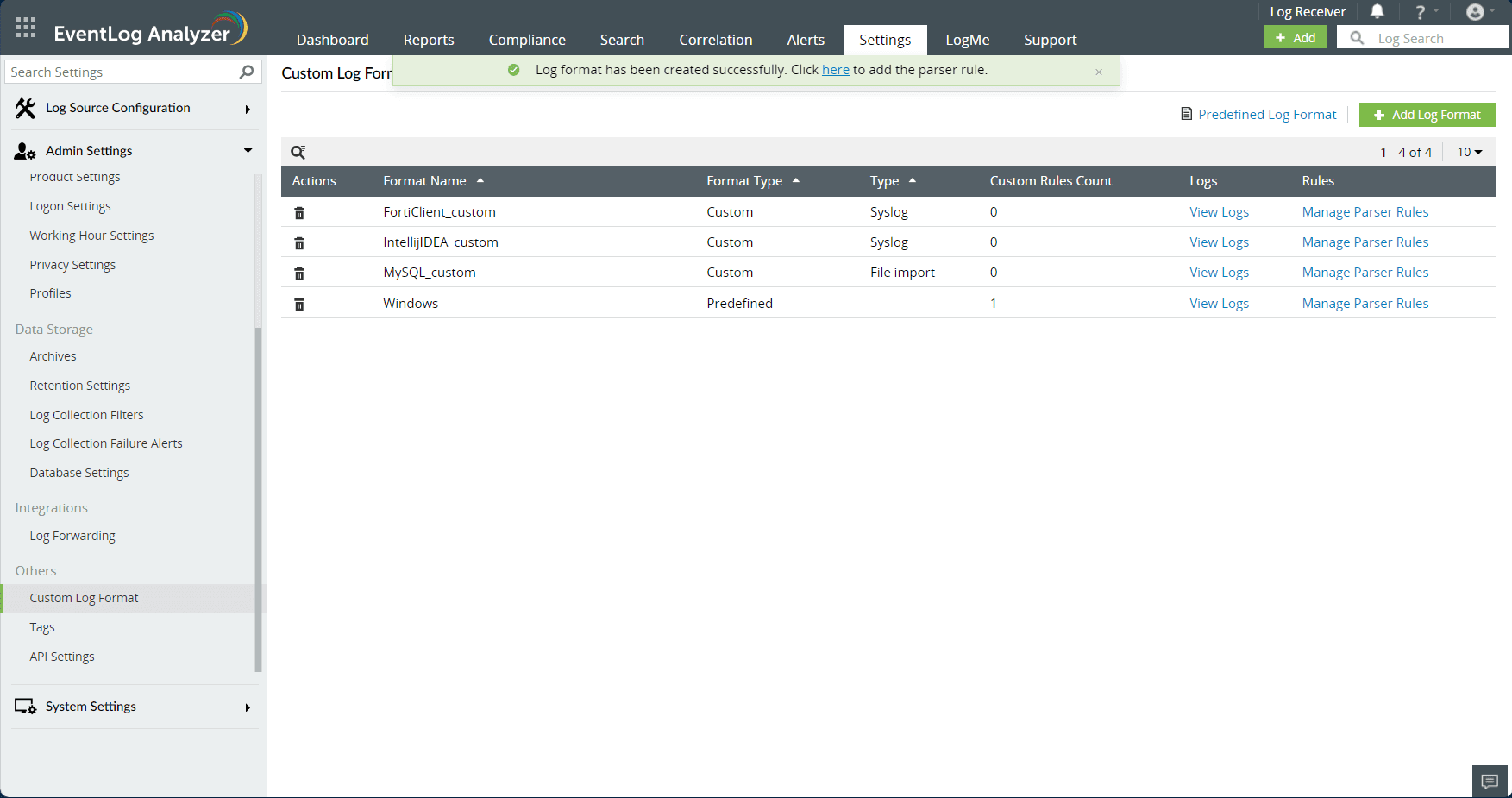 Custom log parsing