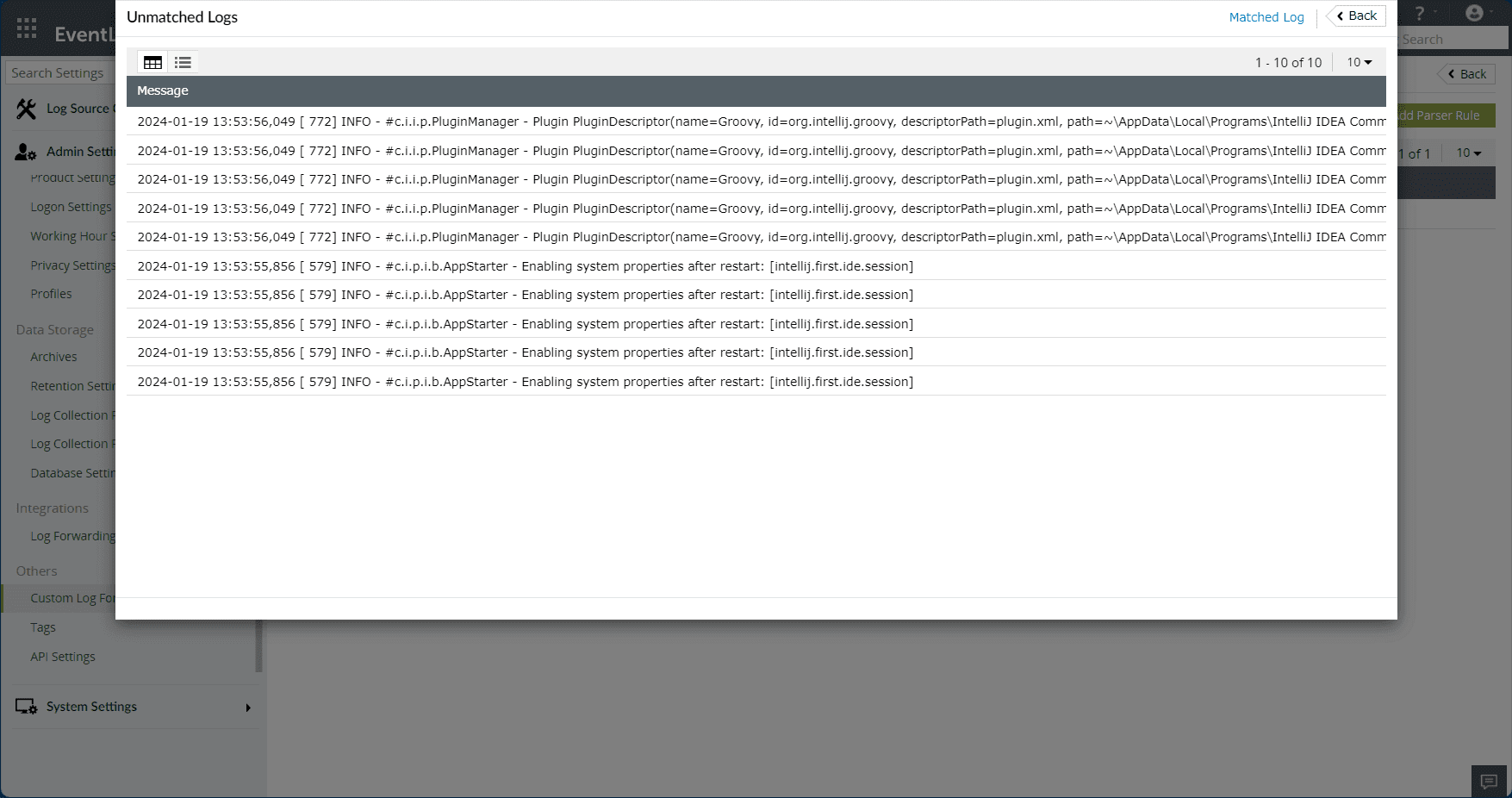 Custom log parsing