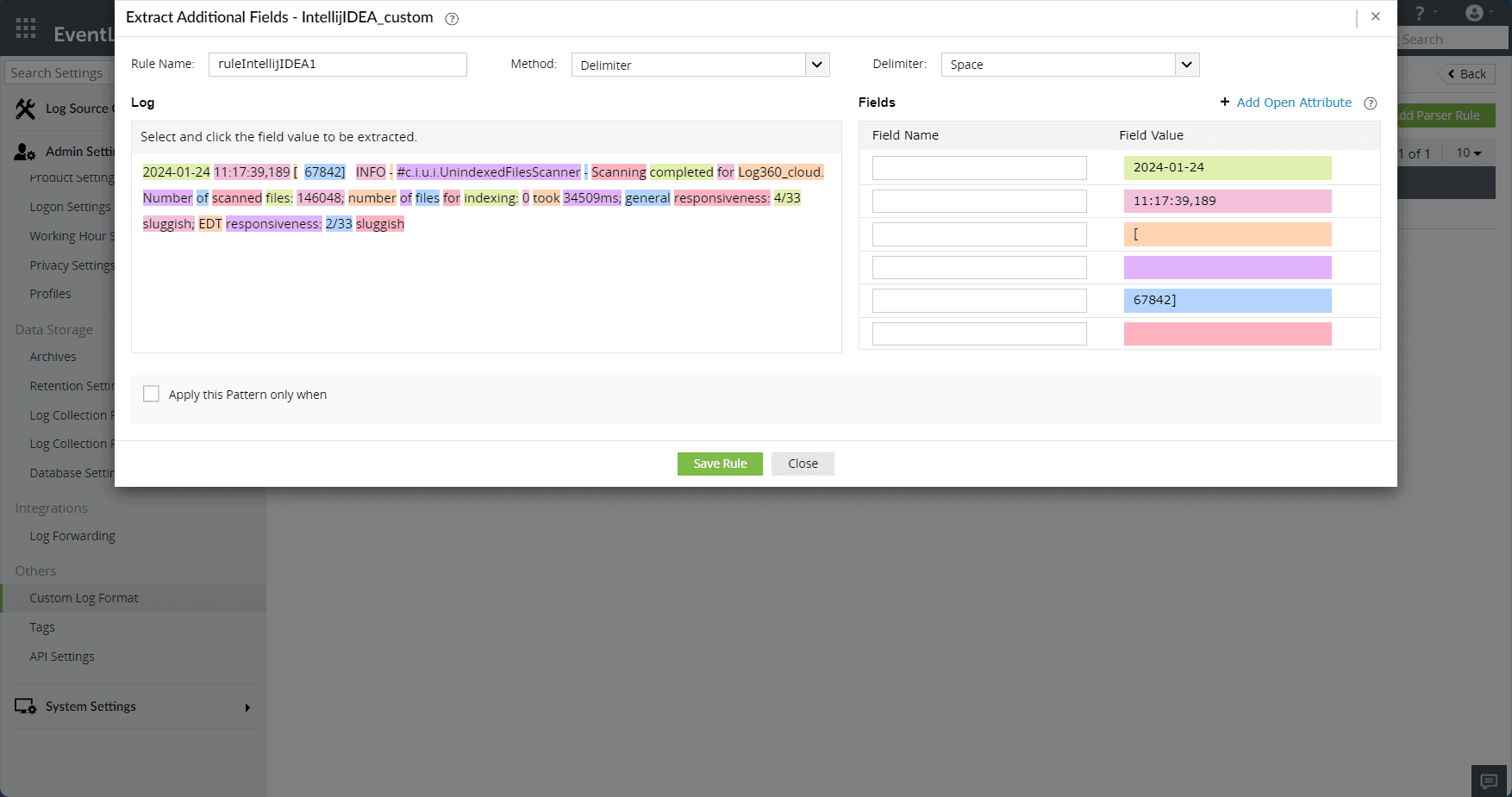 Custom log parsing