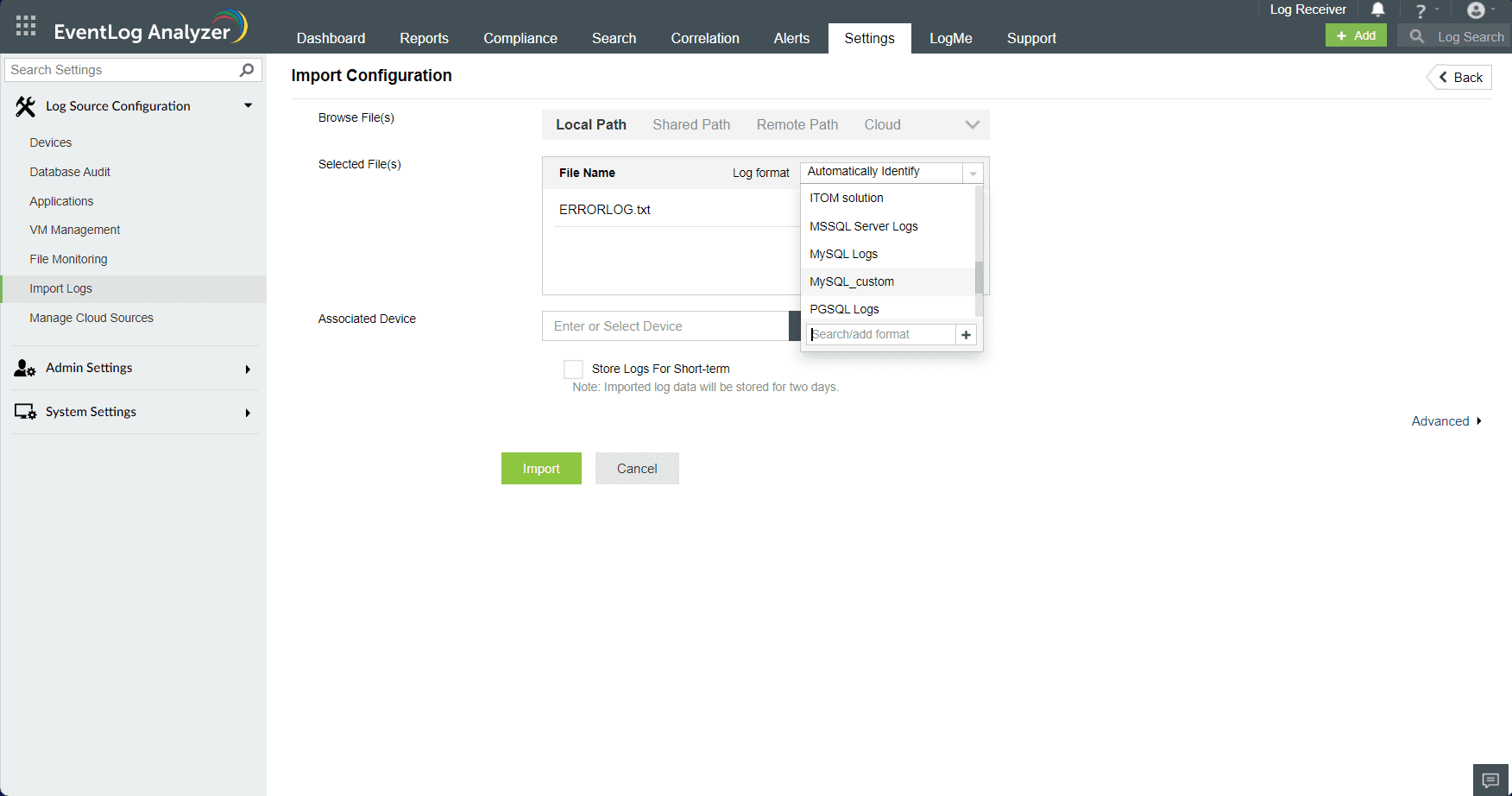 Custom log parsing